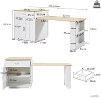 Extendable Bar Table with 2 Compartments and Side Spice Rack, Expandable Kitchen Island for 2–6 People, 133-202L x 70W x 93.5H cm, White(m-3)