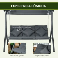 Outsunny Balancín de Jardín Exterior Columpio de 3 Plazas con Toldo Ajustable y Marco de Acero 202x115x168 cm Gris Oscuro(m-6)