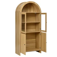 Hohes Sideboard mit Bogendecke, Glasvitrinentüren, Wellenmuster, 78 x 40 x 176 cm, Naturfarbe(m-13)