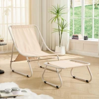 Poltrona lounge da esterno con pouf, cuscino imbottito, tessuto sling, struttura in acciaio, Beige(m-7)