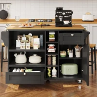 Modern Dining Trolley with Drawers, Cupboards and Open Shelving, Mobile Kitchen Cart with Wooden Worktop, 129L x 46W x 92H cm, Black(m-7)