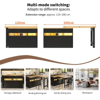 Extendable Bar Table with App-Controlled LED Lighting, Modern Kitchen Island with 360° Swivel Function, 120-180L x 40W x 71.5H cm, Black(m-7)