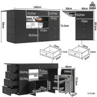Adjustable Kitchen Island with 2 Stools, 6-Drawer and Generous worktop, Versatile Sideboard with Open Shelves, 140L x 40W x 89H cm, Black(m-3)