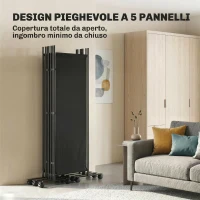 Outsunny Divisorio Decorativo da Interno a 5 Pannelli in Acciaio con 12 Ruote, 252x40x170 cm, Nero(m-5)