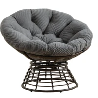 Poltrona Papasan, girevole a 360°, cuscino spesso(tessuto a coste), struttura in acciaio, 92x92x67 cm, Grigio(m-2)