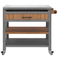 Mobile Wood Tool Cabinet with Stainless Steel Worktop, Weatherproof Barbecue Station for Outdoor Use, 80L x 51W x 91.5H cm, Natural(m-10)
