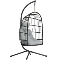 Outsunny Fauteuil Œuf Suspendu Pliable avec Support Coussin 15cm et Appui-tête Gain de Place Résine Tressée 101x105x196cm Gris(m-11)