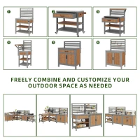 Outdoor BBQ Side Table with Stainless Steel Worktop, Mobile Garden Cabinet with Lockable Castors, 404L x 134.5W x 148.5H cm, Natural(m-6)