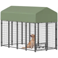 PawHut Enclos pour Chiens d'Extérieur en Acier avec Toit en Tissu Oxford, Anti-UV, Imperméable, 2 Bols, Vert(m-6)