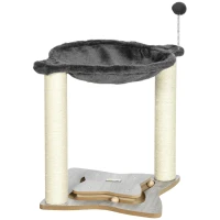 PawHut Tiragraffi per Gatti con Amaca in Peluche, Base in Legno con Gioco e Pali in Sisal, 53.55x53.5x66cm, Grigio(m-1)