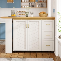Multifunctional Kitchen Island for Dining & Living Areas, Extendable Bar Cart with 2 Doors & 3 Drawers, 135-228L x 39W x 104H cm, White
