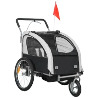 HOMCOM Remorque vélo enfant 2 en 1 avec ceinture de sécurité 5 points, réflecteurs, drapeau et rideau coupe-vent, noir(m-1)
