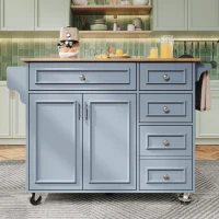 Multifunctional Kitchen Island with 3 Adjustable Shelves, Space-Saving Serving Trolley for Everyday Kitchen Use, 110L x 45-75W x 92H cm, Blue(m-7)
