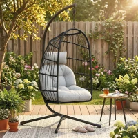 Outsunny Fauteuil Œuf Suspendu Pliable avec Support Coussin 15cm et Appui-tête Gain de Place Résine Tressée 101x105x196cm Gris(m-2)