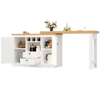 Extendable Bar Table with Smart Pull-Out System, Multifunctional Sideboard with Adjustable Compartments, 120-180L x 40W x 76H cm, White(m-13)