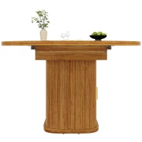 Extendable Dining Table with Hidden Storage and Glass Doors, Round Kitchen Table for 6 People, 118-158L x 118W x 77H cm, Walnut(m-11)