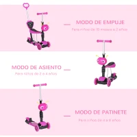 HOMCOM 3 en 1 Patinete para Niños de +18 Meses Scooter de 3 Ruedas con Asiento Extraíble Manillar Mango de Empuje Altura Ajustable 62x25x72,5 cm Rosa(m-7)