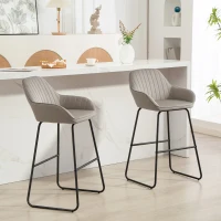 HOMCOM Bar Stools Set of 2, Velvet Upholstered Breakfast Barstools with Footrest and Armrest, Kitchen High Stools with Metal Legs for Home Bar, Kitchen Islands, Grey(m-2)