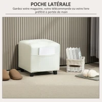 HOMCOM Repose pied salon, ottoman, siège rembourré capitonné en tissu aspect lin avec poche latérale, 35 x 35 x 35 cm, crème(m-5)