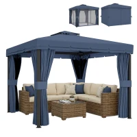 Outsunny 3 x 3(m) Patio Gazebo Canopy Garden Pavilion Tent Shelter Marquee with 2 Tier Roof, Netting and Curtains, Dark Blue(m-10)