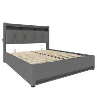 Padded Storage Bed Frame with LED Lighting and USB‑C Charging, Hydraulic Bed with Hidden Storage, 143L x 211W x 116.5H cm, Dark Gray(m-9)