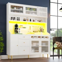 Freestanding Highboard with LED Lighting & Pull-Out Wine Rack, Tall Storage Cabinet with Sliding Glass Doors, 145L x 39W x 171H cm, White(m-1)