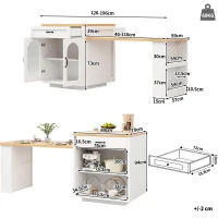 Extendable Kitchen Island with App-Controlled RGB Lighting, Versatile Storage Cabinet with Adjustable Shelf, 126-196L x 59W x 94H cm, White(m-3)