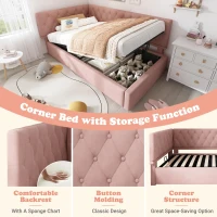Stylish Upholstered Daybed with Hydraulic Ottoman Storage, L-Shaped Single Sofa Bed with Velvet Fabric, 196L x 100W x 77H cm, Pink(m-6)