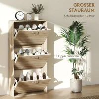 HOMCOM Zapatero Estrecho con 3 Puertas Abatibles Zapatero Entrada Recibidor Estantes Ajustables para 12 Pares de Zapatos Roble(m-4)