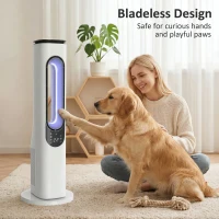 HOMCOM Bezłopatkowy wentylator kolumnowy do sypialni, cichy wentylator stojący 35 dB, z oscylacją 50°, oświetleniem LED, 3 prędkościami, timerem 15-godzinnym, biały(m-7)