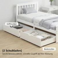 HOMCOM Cadre de Lit 90x190cm en Bois Massif,  2 Tiroirs sur Roulettes, Tête de Lit, Pied de Lit, Sommier à Lattes, Blanc(m-6)