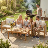 Outsunny Conjunto de Móveis de Jardim de 4 Peças com Sofá de 2 Lugares 2 Poltronas Mesa de Madeira Almofadas e Corda de PP Madeira e Bege(m-9)