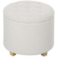 HOMCOM Puff Almacenaje Baúl de Almacenaje Redondo 40,5L 45x45x41 cm Tapizado en Borreguillo con Patas de Madera Blanco