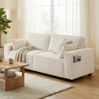 HOMCOM Sofá 3 lugares em veludo cotelê 218 cm, sofá de sala,  almofadas com molas, apoios de braço largos, 2 almofadas, bege(m-6)