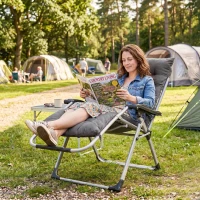 Outsunny Chaise Longue Pliable Bain de Soleil fauteuil relax jardin inclinable Grand Confort avec Matelas, tétière, accoudoirs métal époxy Polyester Gris(m-9)