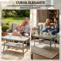 Outsunny Mesa de Jardim Exterior Retangular em Vime com Prateleira Tampo de Vidro Temperado Ondulado 90x50x45 cm Cinzento Escuro(m-7)