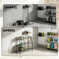 Outsunny Organisateur d'Outils de Jardin en Acier à 3 Niveaux, 32 Emplacements, 4 Roues, 11 Crochets, 104x40x95cm, Noir(m-5)