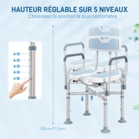 HOMCOM Tabouret de douche, tabouret de bain avec siège rembourrée en U amélioré et accoudoirs, hauteur réglable, bleu(m-5)