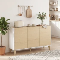 HOMCOM Küchenbuffet, nordisches Aufbewahrungsmöbel, 3 Türen mit Soft-Close, 6 Fächer, natürliche Holzoptik und Weiß(m-6)