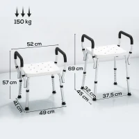 HOMCOM Tabouret de douche pour personnes âgées et handicapées avec accoudoirs, hauteur réglable, patins antidérapants, blanc(m-3)