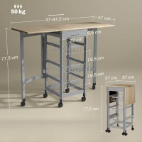 HOMCOM Carrito Auxiliar Plegable Carrito de Cocina con 6 Ruedas 1 Cajón y 3 Cesta de Metal 97,2x37x77,5 cm Gris y Roble(m-3)