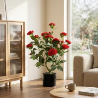 HOMCOM Plantă Artificială de Camelie 65 cm Arbore Artificial în Ghiveci cu Flori din Mătase Realiste 116 Frunze Efect Mușchi Roșu(m-5)