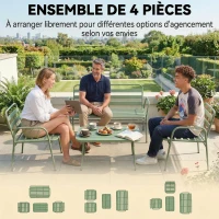 Outsunny Salon de Jardin Extérieur en Acier 4 Pièces, Canapé 2 Places, 2 Fauteuils, Table Basse, à Lattes, 112x60x75cm, Vert(m-5)