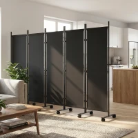 Outsunny Biombo Dobrável de 5 Painéis com 12 Rodas 252x170 cm Biombo Separador de Ambientes Preto(m-8)