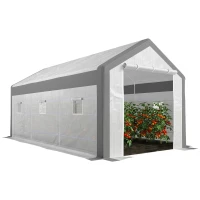 Outsunny Invernadero de Jardín 600x300x280 cm Invernadero de Túnel para Cultivo de Plantas Verduras con 2 Puertas 6 Ventanas Enrollables y Cubierta de Polietileno PE 140g/m² Blanco(m-10)