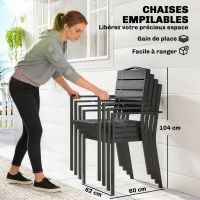 Outsunny Ensemble de 4 chaises de jardin empilables, avec assise et dossier en HDPE à lattes, accoudoirs, structure en métal, noir(m-4)