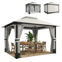 Outsunny Pérgola de Jardim 360x300x279 cm com Duplo Teto 4 Paredes Laterais e Rede Mosquiteira Estrutura Metálica Cinza Claro(m-11)