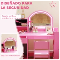 AIYAPLAY Tocador de Maquillaje Niña Tocador Infantil con Taburete y Espejo con Luces LED 1 Cajón Armario y 5 Estantes Rosa(m-7)