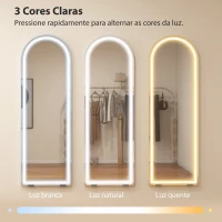 HOMCOM Espelho de Corpo Inteiro com Luzes 150x50 cm Arqueado Sem Moldura 3 Tons de Luz Brilho Ajustável Transparente(m-4)