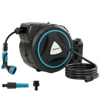 Outsunny Enrolador de Mangueira de Parede Automático 23+2m Carretel Automático Pistola de Rega 10+2 Modos 55x31x50cm Azul(m-7)